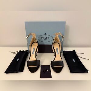 Brand New Prada Black and Metallic Chrome Leather Women's Sandals, 36.5